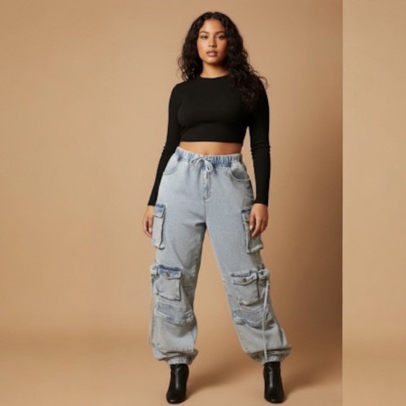 Denim Cargo Jogger Pants - Picture 1 of 10